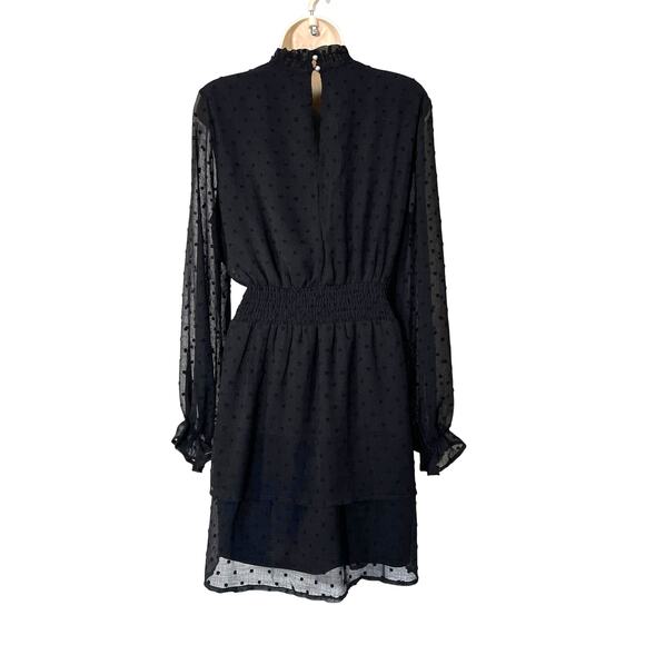 Short Black Dress, She and Sky, Swiss Dot, Sheer Sleeves, High neck, Size Large - Picture 4 of 5